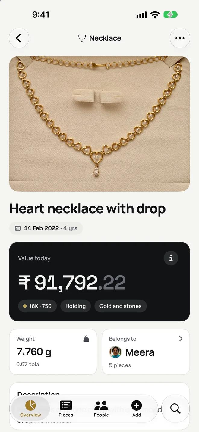 A piece's page: a heart necklace with its photo, valued at ₹ 91,792 today