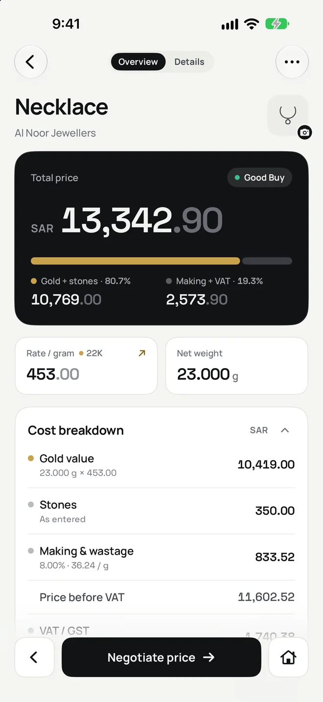The calculator's results: SAR 13,342.90, marked Good Buy, split into gold, stones, making and VAT