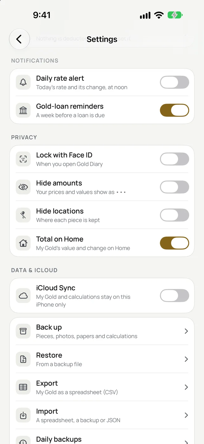 Settings: Lock with Face ID, Hide amounts, Hide locations and iCloud Sync